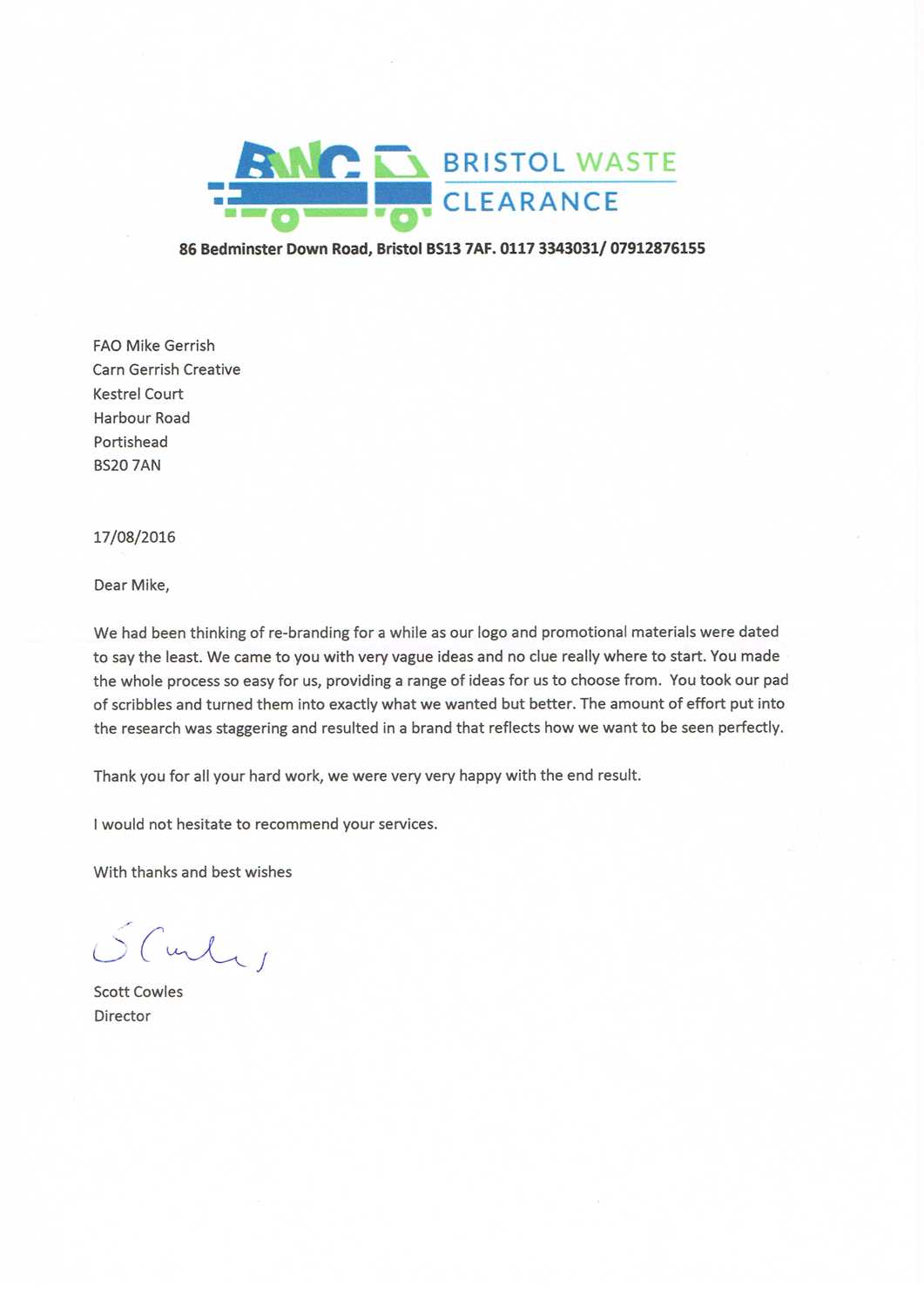 Testimonial from Bedminster rubbish company